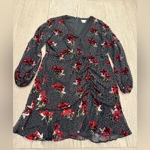 Shoshanna Black Dress with Red Velvet Flowers, Draped w/Ruffle Hem, Size 12